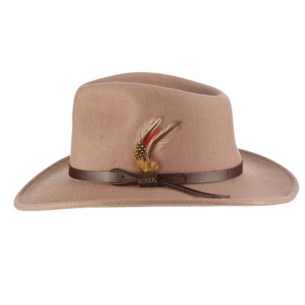 Scala Dakota Crushable Wool Felt Outback Hat Taupe Feather Trim Small